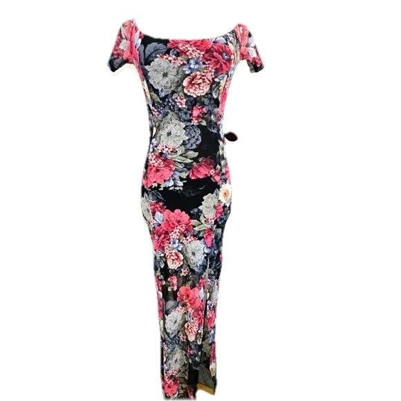 Fashion Nova Dresses & Skirts - Black Pink Floral Bodycon Maxi Mesh Dress Spring Easter Long Pullover SZ M